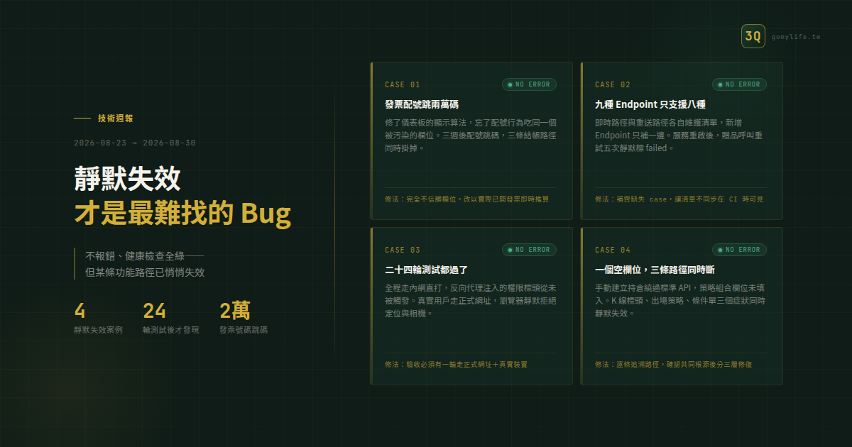 技術週報 2026-08-23 ~ 2026-08-30:靜默失效才是最難找的 bug — 文章主視覺