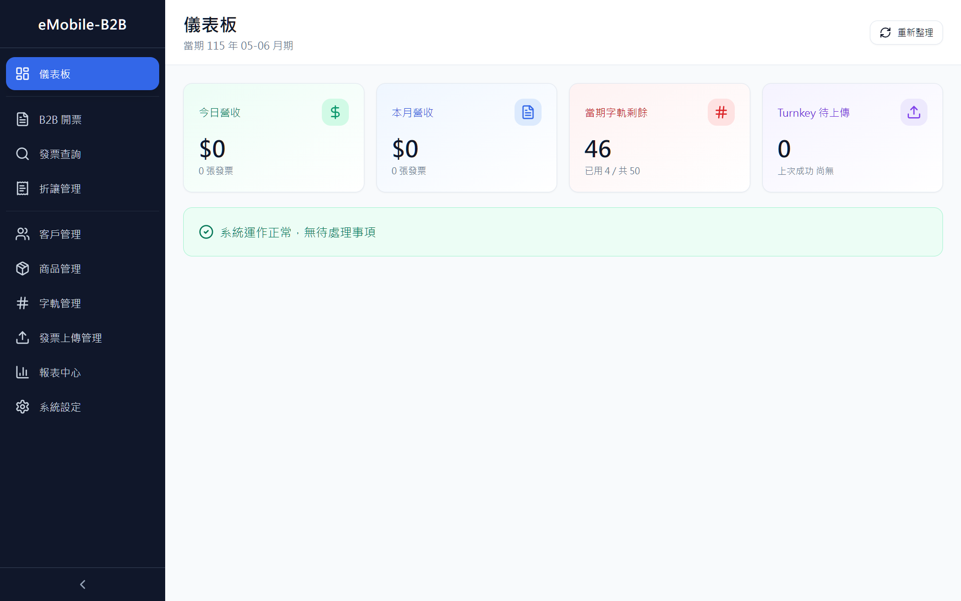 主畫面 — 左側選單 + 儀表板